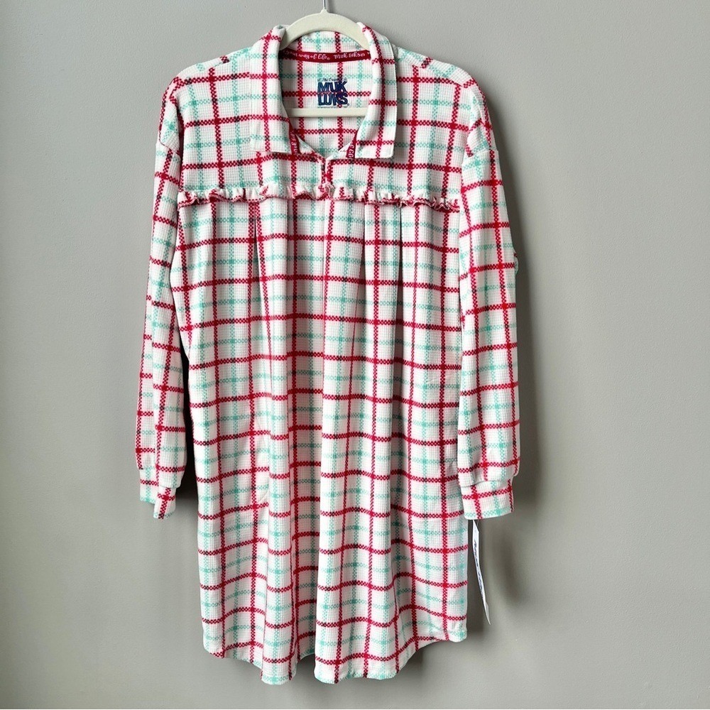 Muk Luks Nightgown Women's Medium New NWT Fleece Plaid Festive Winter Cozy Soft